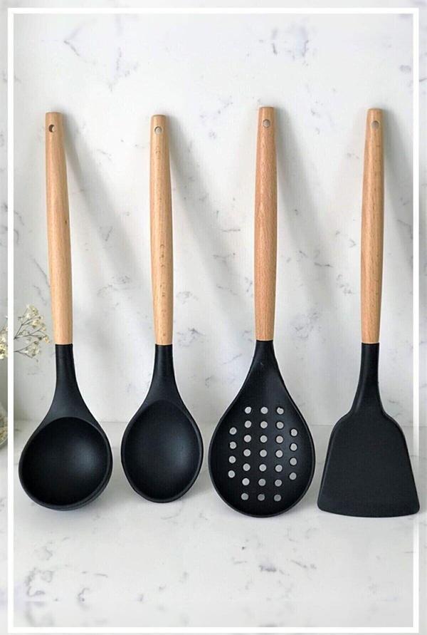 Bycomo 4'Lü Bambu Saplı Siyah Silikon Kaşık, Kepçe, Kevgir Ve Spatula - Image 1