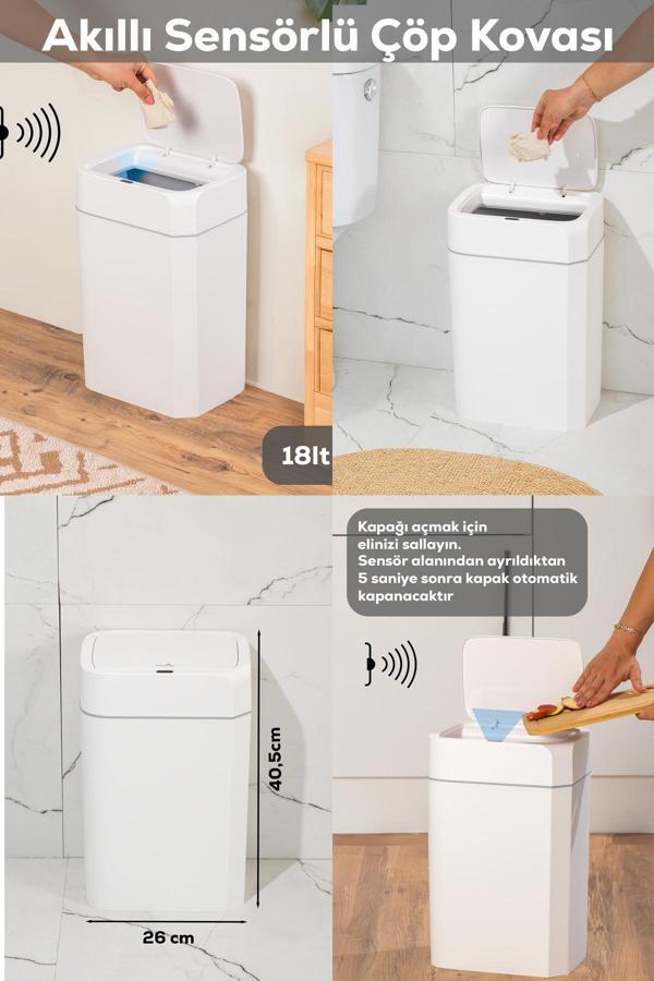 Porsima Me02 Hareket Sensörlü Sessiz Kapatma Çöp Kutusu Banyo Mutfak Çöp Kovası Kapaklı Banyo Çöp Kovası 18Lt - Image 1