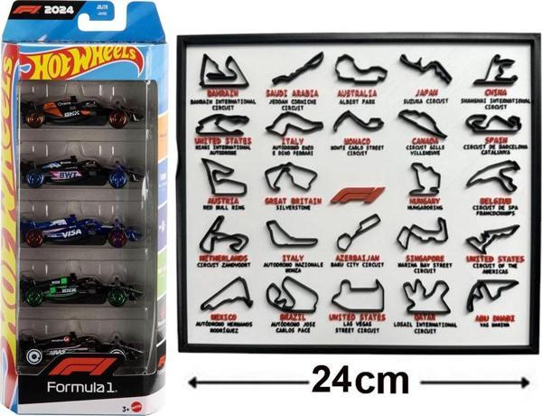 Formula 1 Hediyelik Set - Hot Wheels Formula 1 5'li Araba Seti & Çerçeveli 3D Yarış Pisti Dekoratif Tablo - Image 1