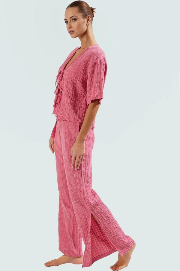 Plaj Şıklığı Dokuma Keten Karışımlı Rahat Pantolon Takım Trend Tasarım Modern Stil - Image 1