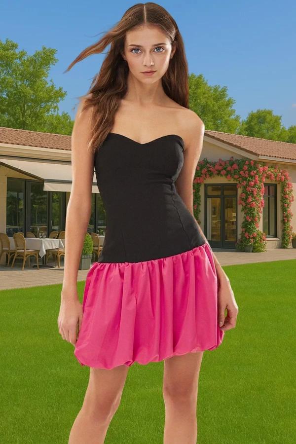 Straplez Mini Abiye Elbise Polyester Elastan Yazlık Yüksek Kalite Konforlu Kesim Özel Tasarım - Image 1