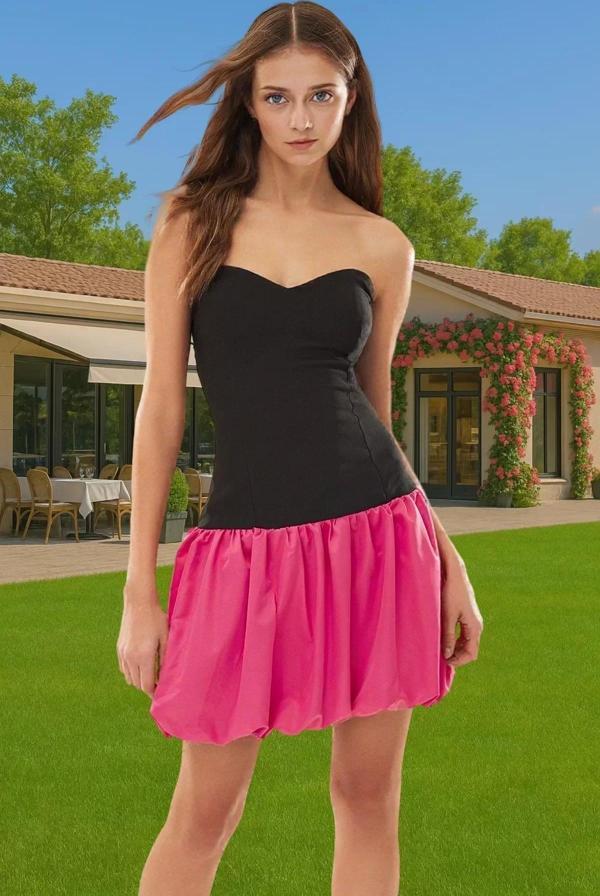 Straplez Mini Abiye Elbise Polyester Elastan Yazlık Yüksek Kalite Konforlu Kesim Özel Tasarım - Image 1