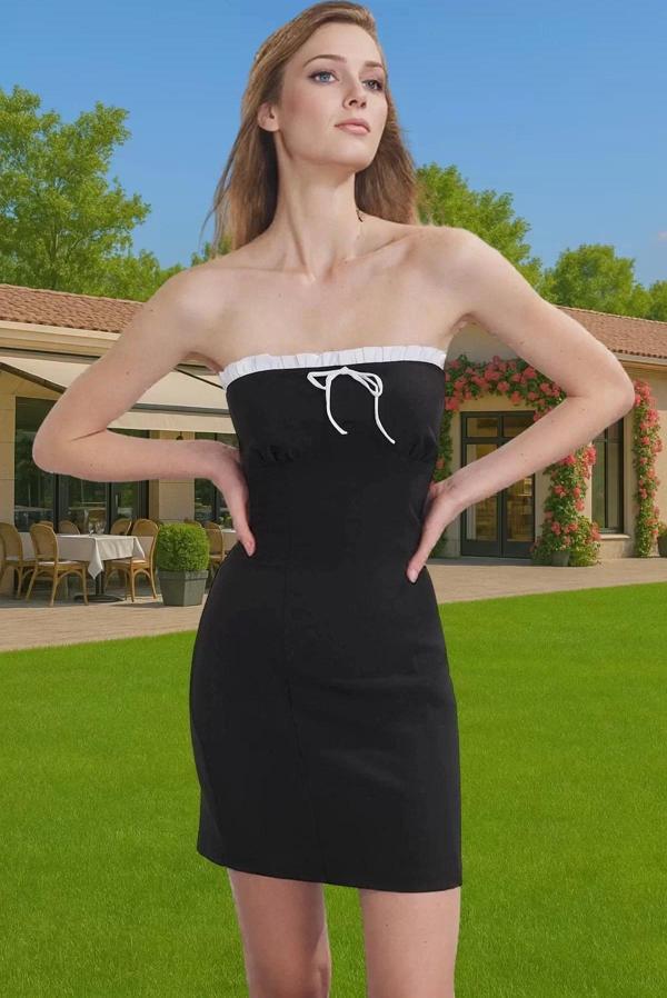 Yazlık Mini Straplez Abiye Elbise Polyester Elastan Dokuma Kumaş Premium Kalite Kaliteli İşçilik - Image 1