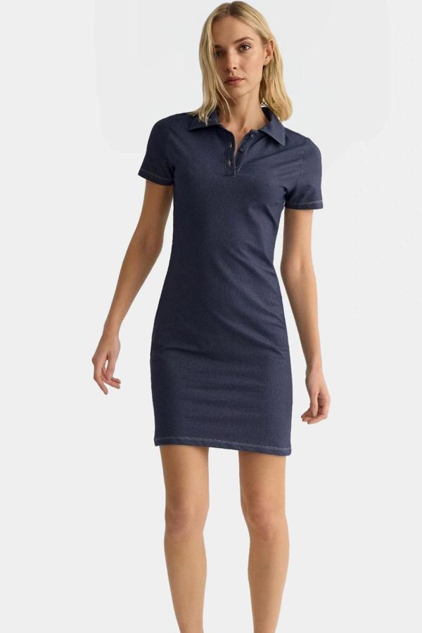 Pamuklu Bodycon Mini Elbise Polo Yaka Örme Kumaş Rahat Kalıp Konforlu Kesim Uzun Ömürlü - Image 1