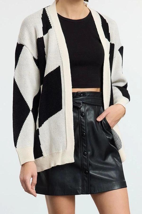 Stil Modern Kadın Midi Düşük Kol V Yaka Geometrik Desenli Triko Hırka - Image 1