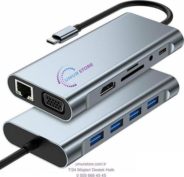 11IN1 Hub Type-C To 4K Hdmi/usba 3.0/tf Sd/vga/3.5mm Aux/pd ŞARJ/RJ45 Ethernet Dönüştürücü Adaptör W - Image 1