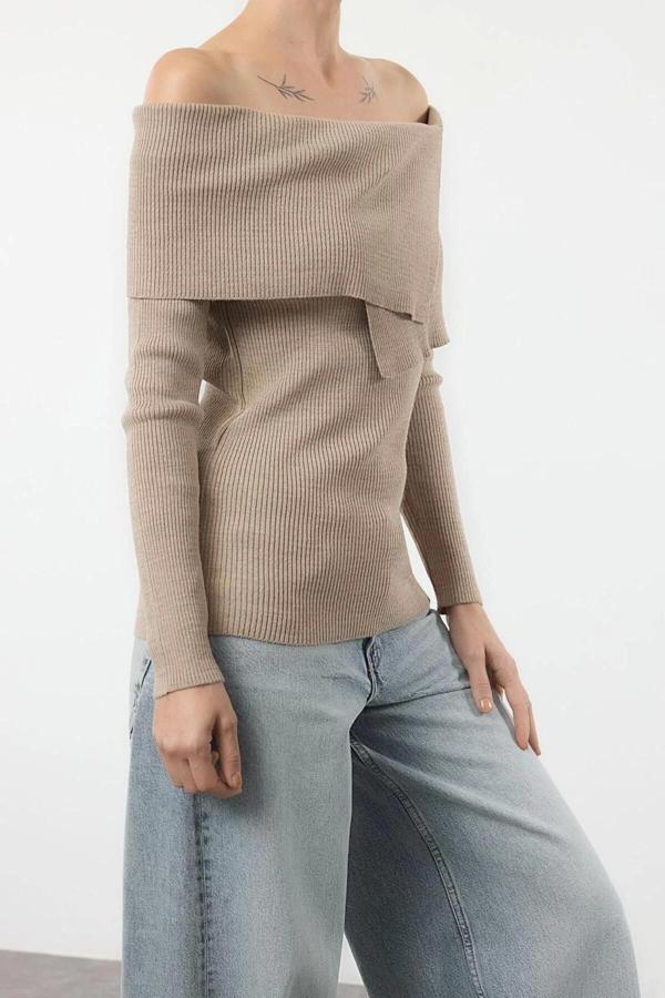 Stil Modern Kadın Regular Reglan Kol Carmen Yaka Basic Triko Kazak - Image 1