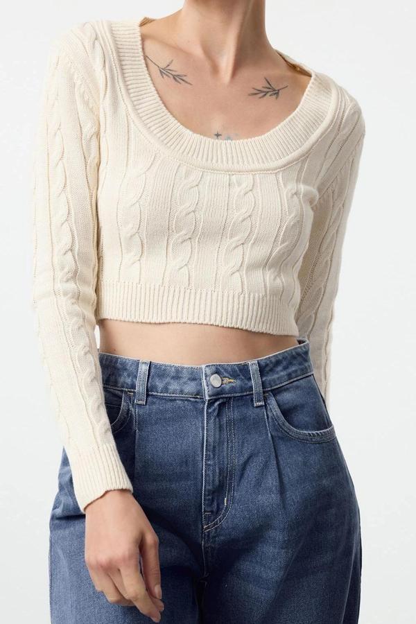 Stil Modern Kadın Crop Standart Kol Kare Yaka Saç Örgülü Triko Kazak - Image 1