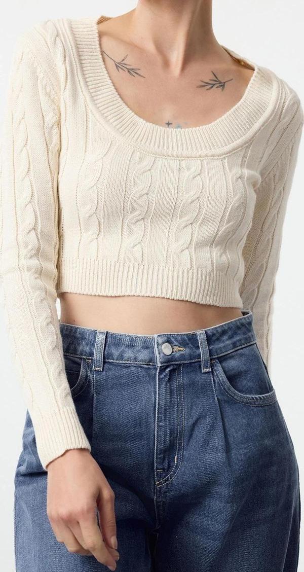 Stil Modern Kadın Crop Standart Kol Kare Yaka Saç Örgülü Triko Kazak - Image 1