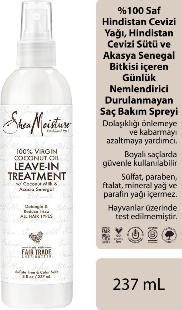 Shea Moisture %100 Saf Hindistan Cevizi Yağlı Günlük Nemlendirici Durulanmayan Saç Bakım Spreyi 237ML - Image 1