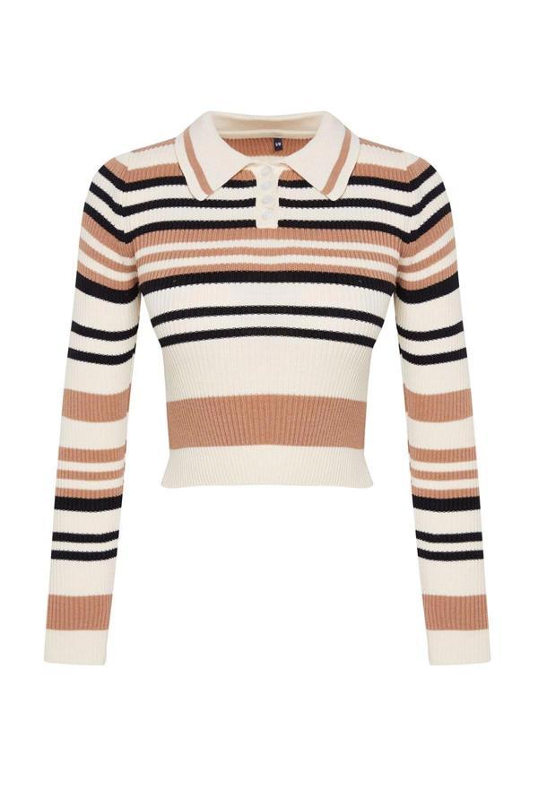 Stil Modern Kadın Crop Standart Kol Polo Yaka Çizgili Triko Kazak - Image 1