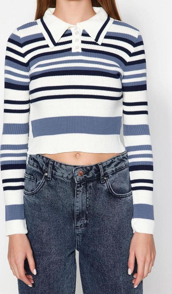 Stil Modern Kadın Crop Standart Kol Polo Yaka Çizgili Triko Kazak - Image 1