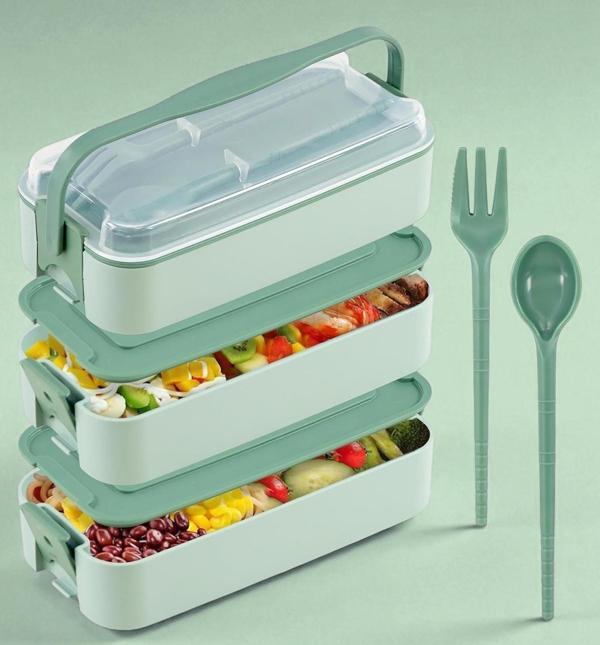 İronika 1260 ml 3 Katlı Kapaklı Çatal Bıçaklı Beslenme Kutusu Lunch Box Beslenme Kabı - Yeşil - Image 1