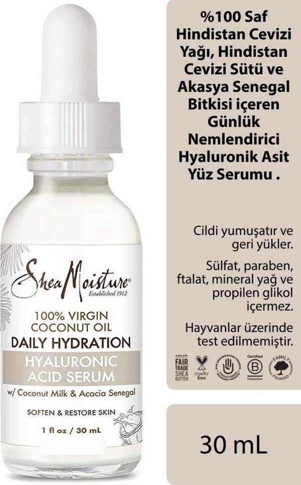 Shea Moisture %100 Saf Hindistan Cevizi Yağlı Günlük Nemlendirici Hyaluronik Asit Yüz Serumu 30ML - Image 1
