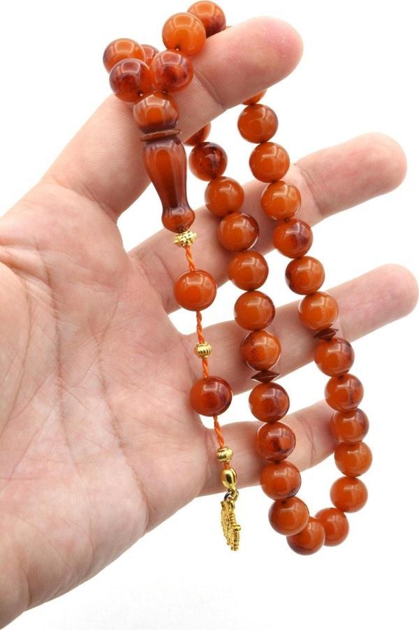 Sistemli Küre Kesim Iri Boy Turuncu Sıkma Kehribar Tesbih - Image 1