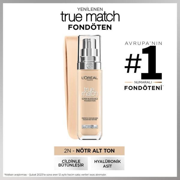 L'Oréal Paris True Match Bakım Yapan Fondöten - 2N Nötr Alt Ton - Image 1