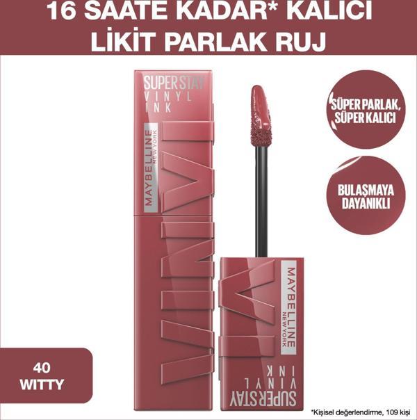 Maybelline New York Super Stay Vinyl Ink Uzun Süre Kalıcı Likit Parlak Ruj 40 Witty - Image 1