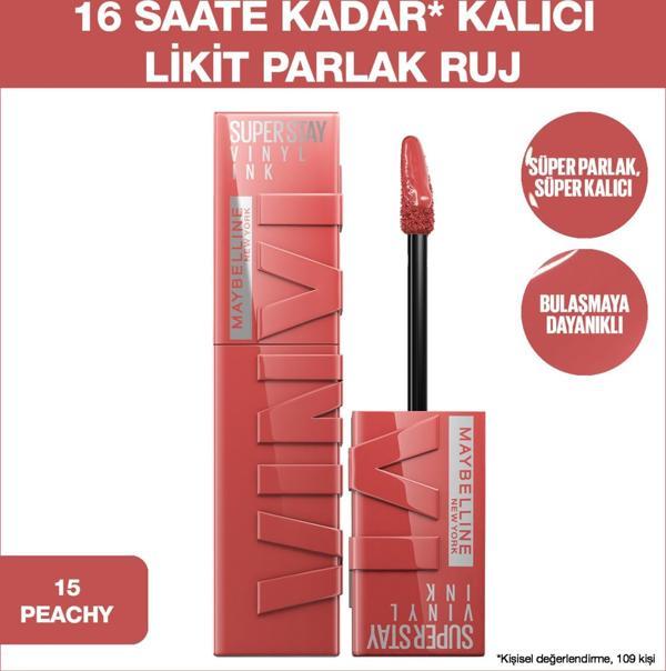 Maybelline New York Super Stay Vinyl Ink Uzun Süre Kalıcı Likit Parlak Ruj 15 Peachy - Image 1