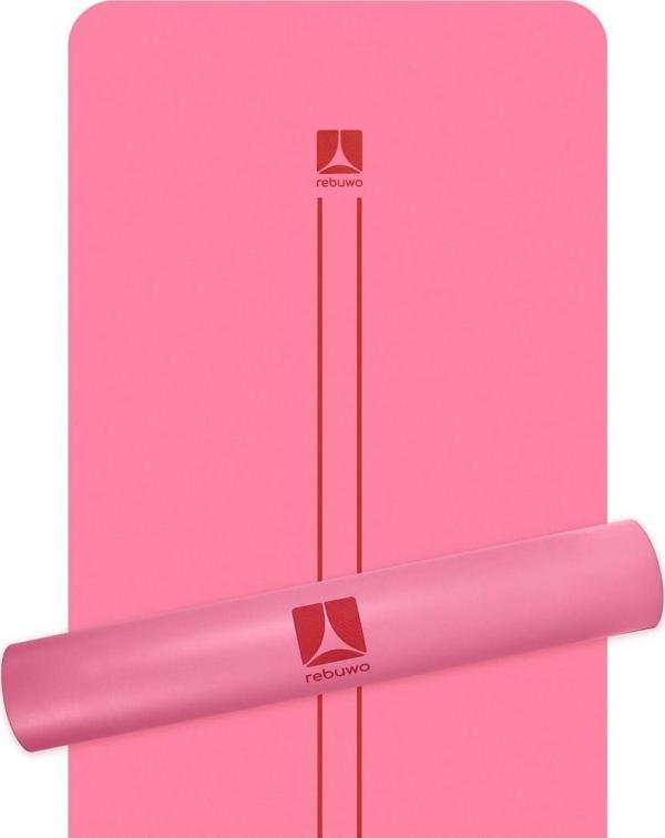 Rebuwo Çizgi Tasarımlı 5mm Ekstra Kaydırmaz Doğal Kauçuk Yoga Matı Pilates Mat Pembe - Image 1