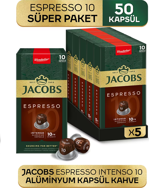Jacobs Espresso 10 Intenso Nespresso Uyumlu Kapsül Kahve 10 Kapsül X 5 Adet - Image 1