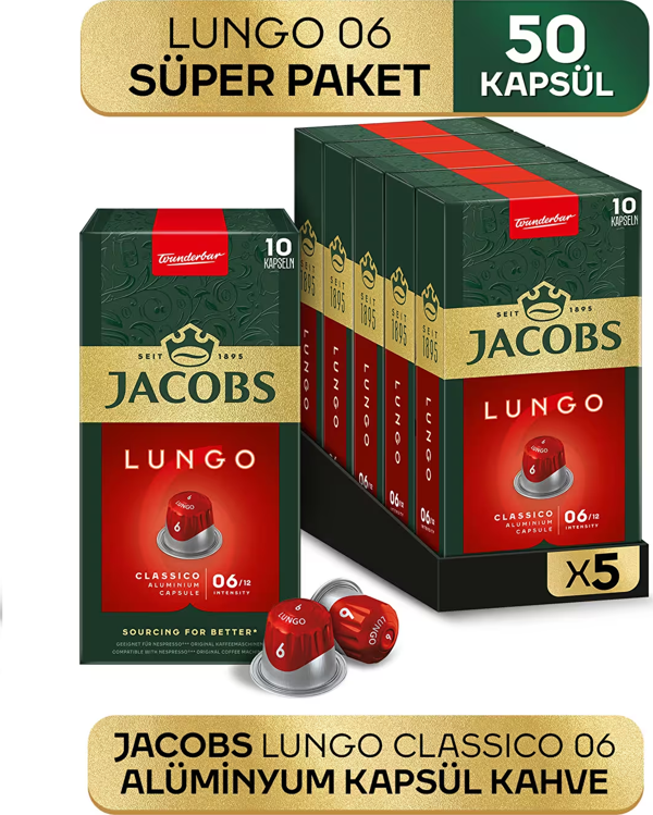 Jacobs Lungo 6 Classic Nespresso Uyumlu Kapsül Kahve 10 Kapsül X 5 Adet - Image 1