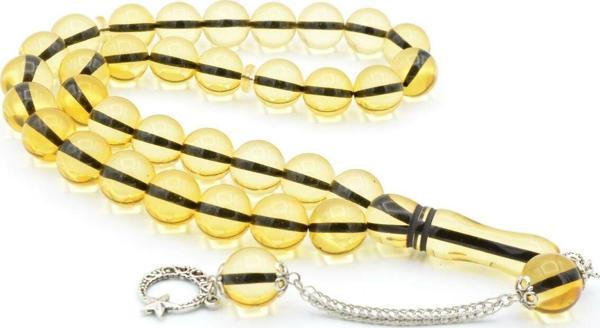 Kokulu İri Boy Küre Kesim Sarı Toz Kehribar Tesbih 14 Mm - Image 1