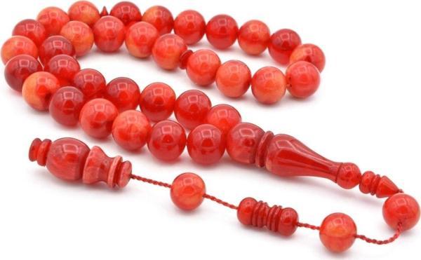Usta Işi Sistemli Küre Kesim Hareli Kırmızı Toz Pres Kehribar Tesbih 12 Mm - Image 1