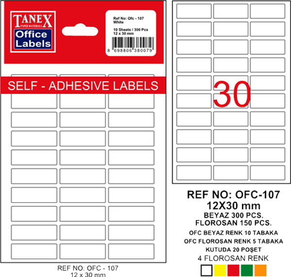 Tanex Ofc-107 Ofis Etiketi 12X30 Mm Beyaz 10 Lu (1 Paket 10 Adet) - Image 1