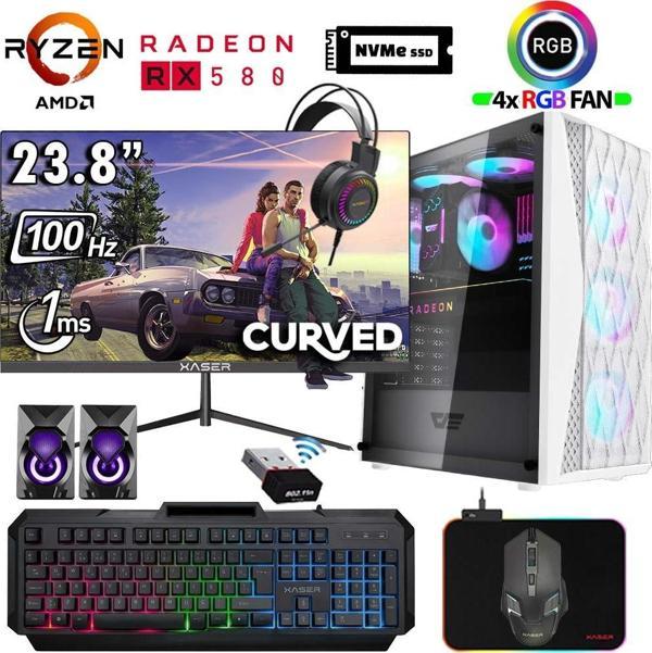 Xaser Xsr1195 Ryzen 5 5500 32GB Ram 1TB M.2 NVMe SSD 8GB RX580 23.8" 100Hz Curved Masaüstü Oyuncu Bilgisayarı - Image 1