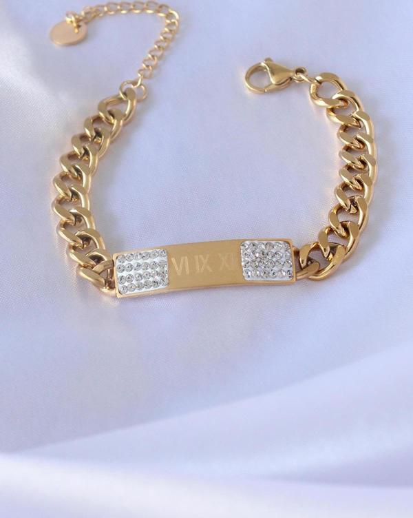 316L Çelik Gold Renk Zincir Model İşleme Detay Zirkon Taşlı Kadın Bileklik - Image 1