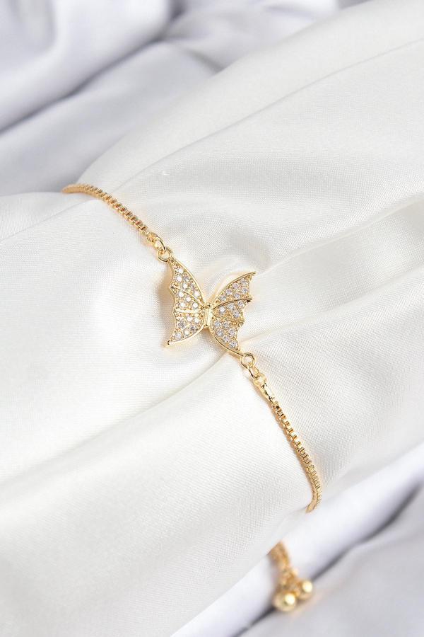 Pirinç Zirkon Taşlı Kelebek Model Gold Renk Asansörlü Kadın Bileklik - Image 1