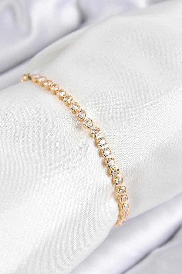 Pirinç Zirkon Taşlı Sıralı Model Gold Renk Asansörlü Kadın Bileklik - Image 1