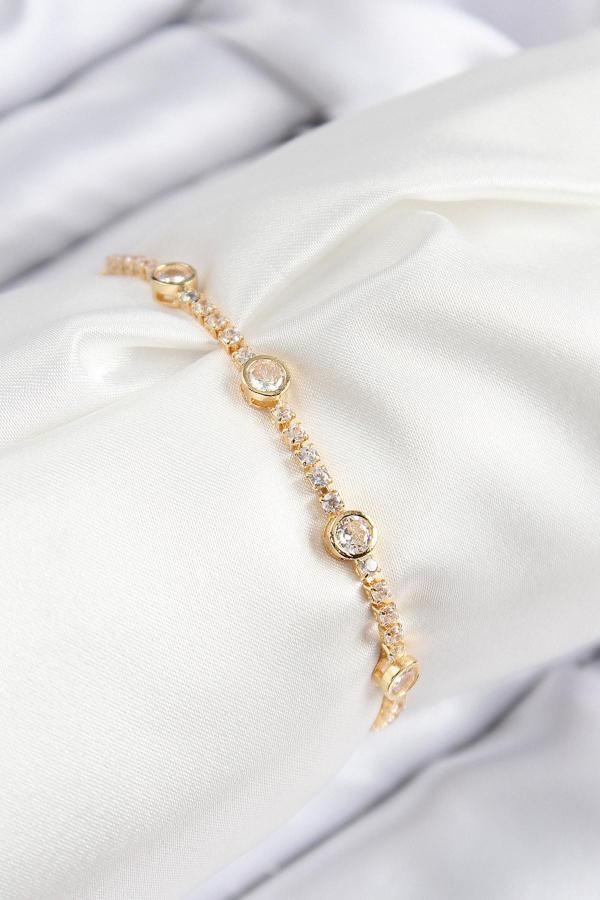 Pirinç Zirkon Taşlı Daire Model Gold Renk Asansörlü Kadın Bileklik - Image 1