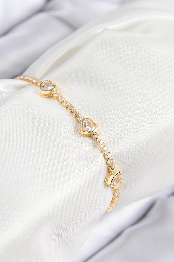 Pirinç Zirkon Taşlı Sıralı Kalp Model Gold Renk Kadın Bileklik - Image 1