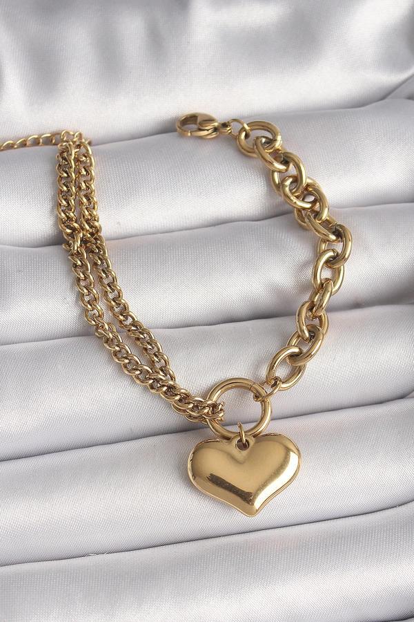 316L Çelik Gold Renk 2 Li Zincir Model Kalp Figür Kadın Bileklik - Image 1