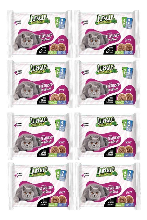 Jungle 32X100 Gr Çift Lezzet Pouch Kısırlaştırılmış Yaş Kedi Maması Sığır Eti Somon Eti Sterilised - Image 1