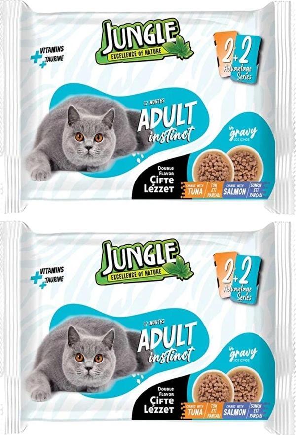 Jungle 8X100 Gr Çift Lezzet Pouch Yetişkin Yaş Kedi Maması Ton Eti Somon Eti - Image 1
