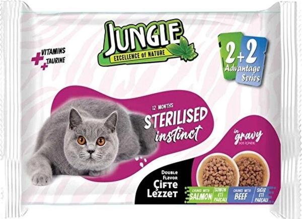 Jungle Çift Lezzet Pouch Kısırlaştırılmış Yaş Kedi Maması 4X100 Gr Sığır Eti Somon Eti Sterilised - Image 1