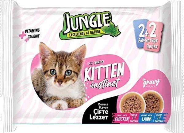 Jungle Çift Lezzet Pouch Yavru Kedi Maması 4X100 Gr Tavuk Eti Kuzu Eti Kitten Yaş Mama - Image 1