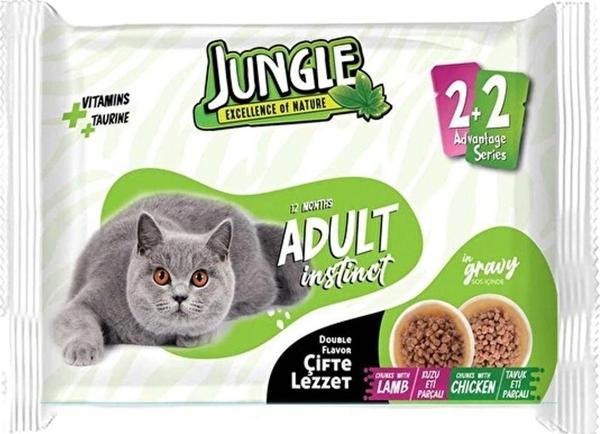 Jungle Çift Lezzet Pouch Yetişkin Yaş Kedi Maması 4X100 Gr Kuzu Eti Tavuk Eti - Image 1