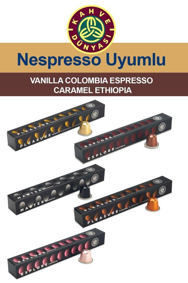 Kahve Dünyası Nespresso 5 Çeşit Kapsül Kahve Tadım Seti Vanilya Colombia Espresso Karamel Etiyopya 5X10 - Image 1