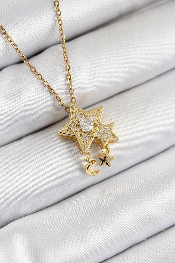 316L Çelik Zirkon Taşlı Sallantılı Yıldız Model Gold Renk Kadın Kolye - Image 1