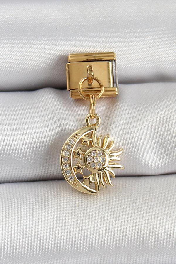 316L Çelik Sallantılı Zirkon Taşlı Ay Ve Güneş Model Gold Renk Nomination Charm - Image 1