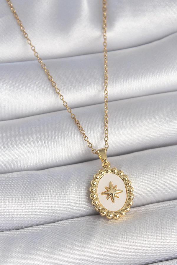 316L Çelik Gold Renk Zincir Beyaz Mineli Kutup Yıldız İşlemeli Madalyon Model Kadın Kolye - Image 1