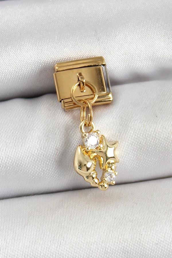 316L Çelik Sallantılı Zirkon Taşlı Deniz Kabuğu Ve Yıldız Model Gold Renk Nomination Charm - Image 1