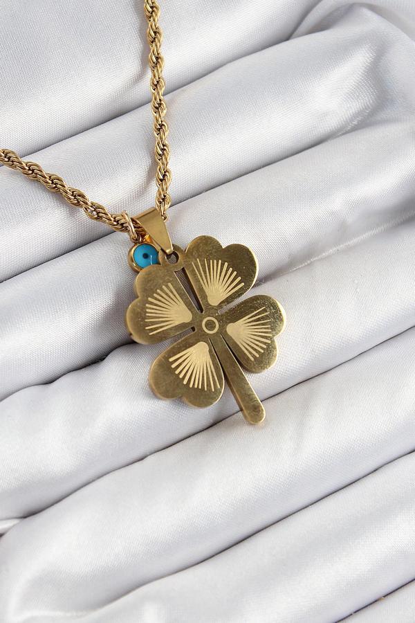 316L Çelik Burgu Zincirli Nazar Detaylı Yonca Model Gold Renk Kadın Kolye - Image 1