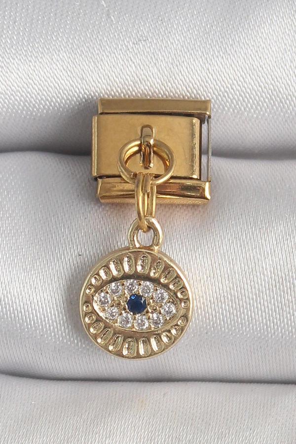 316L Çelik Gold Renk Sallantı Zirkon Taşlı Göz Model Nomination Charm - Image 1