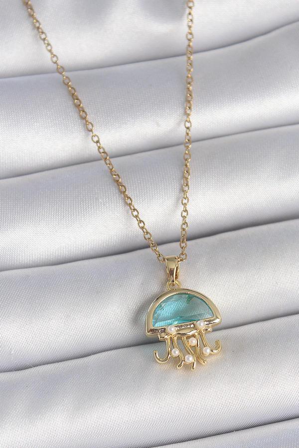 316L Çelik Gold Renk Mavi Taşlı Deniz Anası Model İnci Detay Kadın Kolye - Image 1
