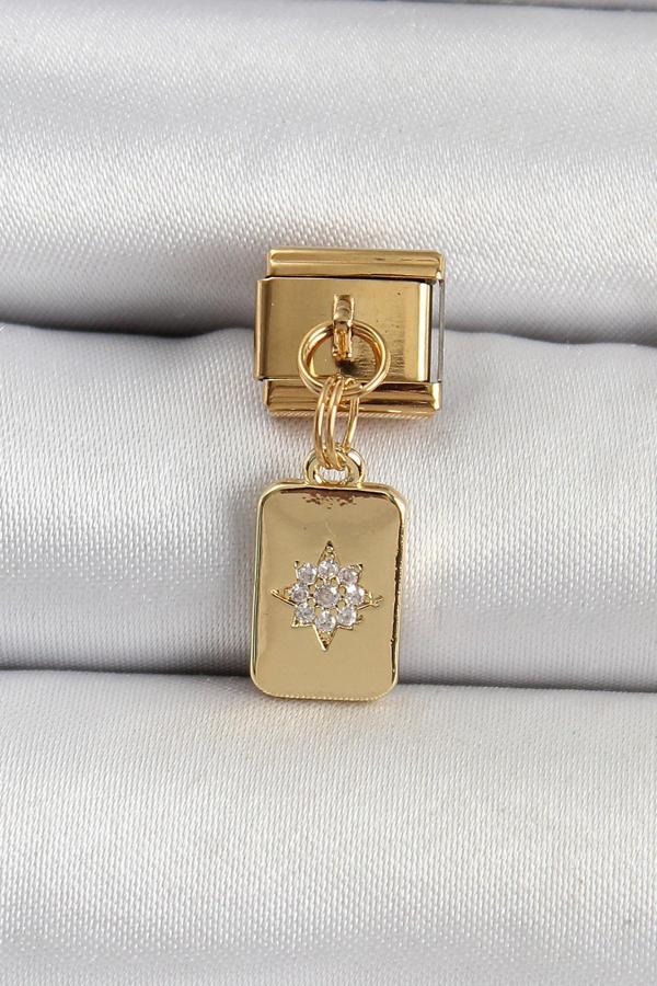 316L Çelik Sallantılı Zirkon Taşlı Kutup Yıldızı Figürlü Dikdörtgen Model Gold Renk Nomination Charm - Image 1