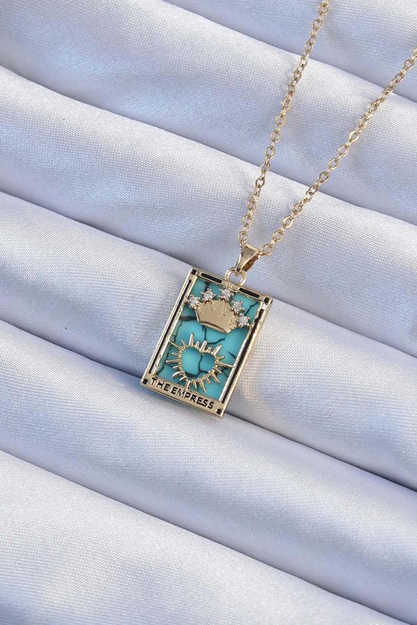 316L Çelik Zincir Altın Renk Zirkon Taşlı Mavi Mermer Desenli Taç Model Tarot Kolye - Image 1